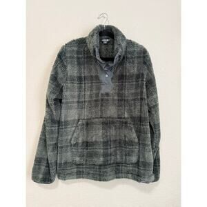 Eddie Bauer Gray Plaid Snap Front Sherpa Fleece Pullover‎ Sweatshirt Women’s L